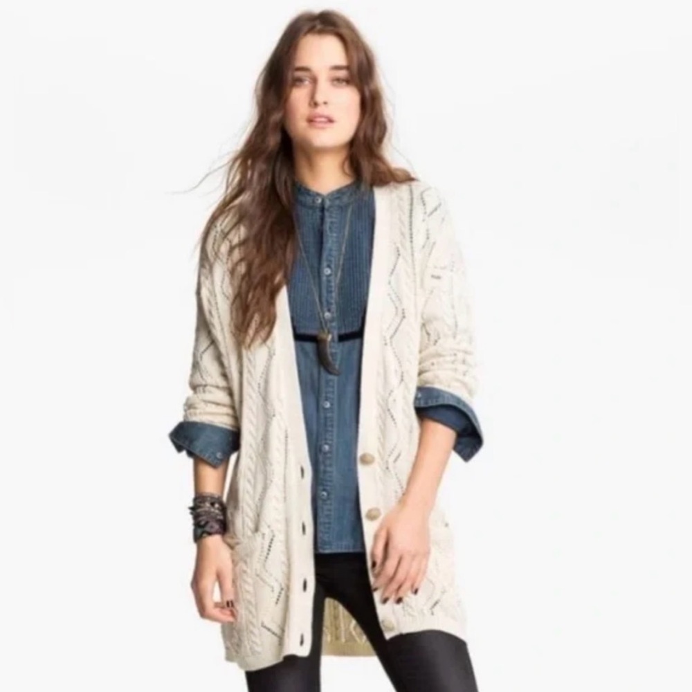 Free People New Romantics Cream Boho Duster Cardigan M Coastal Cottagecore Y57